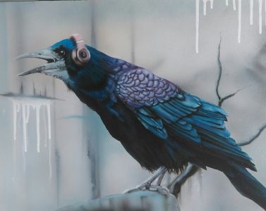 airbrushed bird, raven wearing headphones, birds with beats series
