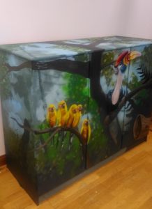 custom painted cabinet fir cafe, birds with beats, wildlife art, bird art custom painted cabinet fir cafe, birds with beats, wildlife art, bird art
