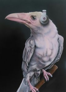 airbrushed bird, raven wearing headphones, birds with beats series