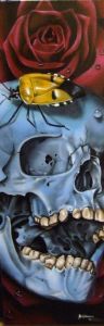 blue skull airbrushed on canvas with beetle and roses