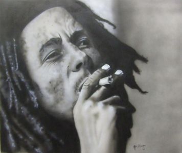airbrush monochrome portrait of Bob Marley done on canvas