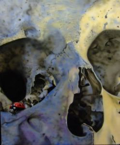 airbrush painted close up of skull with ladybird on canvas