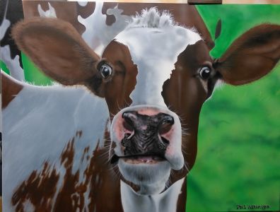 airbrush wildlife, cow portrait done on canvas