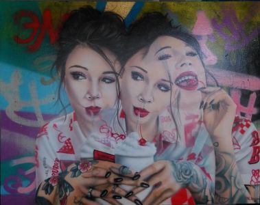 airbrush portrait girl with milkshake painted on wood panel
