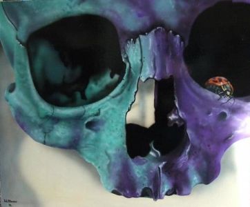 airbrushed skull with ladybird painted on canvas