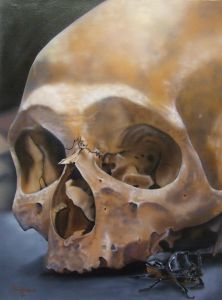 airbrush painted skull with rhino beetle airbrushed on canvas