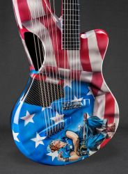 Rosie the Riveter Guitar for Musician Mr John Veld supplied by Emerald Guitars and designed Phil Atkinson Airbrush Artist Front Detail, Rosie the Riveter Guitar by Phil Atkinson Airbrush Artist