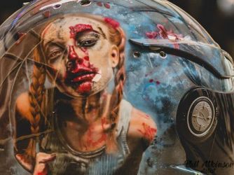 Oh what a fuckin' day! helmet by Phil Atkinson Artist